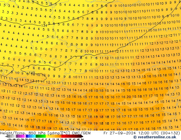 Hoogte/Temp. 850 hPa CMC/GEM vr 27.09.2024 12 UTC