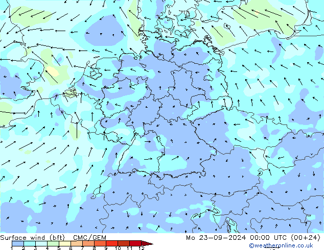 Bodenwind (bft) CMC/GEM Mo 23.09.2024 00 UTC