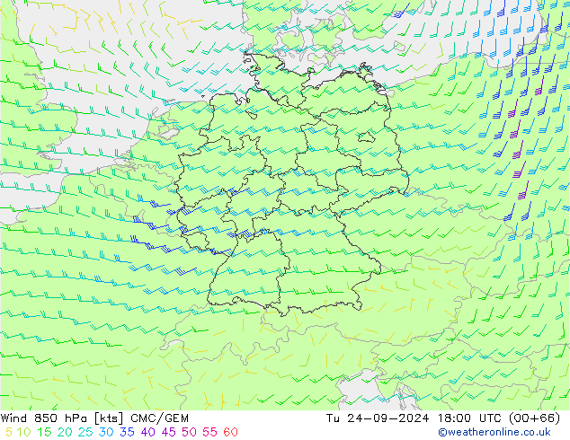 Wind 850 hPa CMC/GEM Tu 24.09.2024 18 UTC