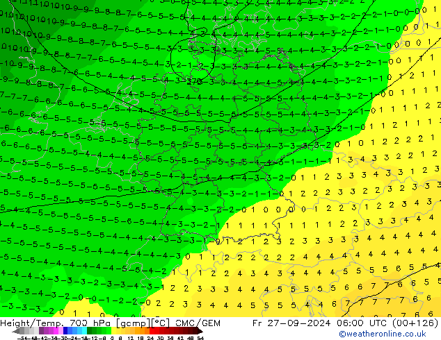 Height/Temp. 700 гПа CMC/GEM пт 27.09.2024 06 UTC