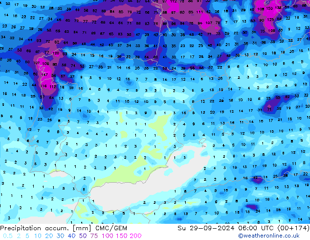 Precipitation accum. CMC/GEM Вс 29.09.2024 06 UTC