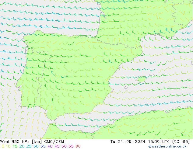 Wind 850 hPa CMC/GEM Tu 24.09.2024 15 UTC