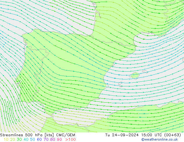 Streamlines 500 hPa CMC/GEM Tu 24.09.2024 15 UTC