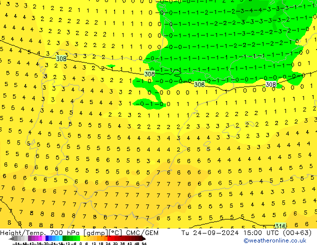 Height/Temp. 700 hPa CMC/GEM Tu 24.09.2024 15 UTC