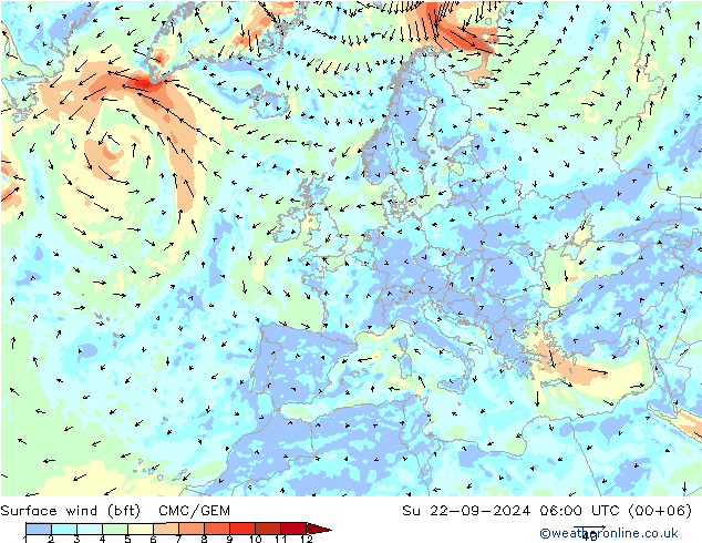 Surface wind (bft) CMC/GEM Su 22.09.2024 06 UTC