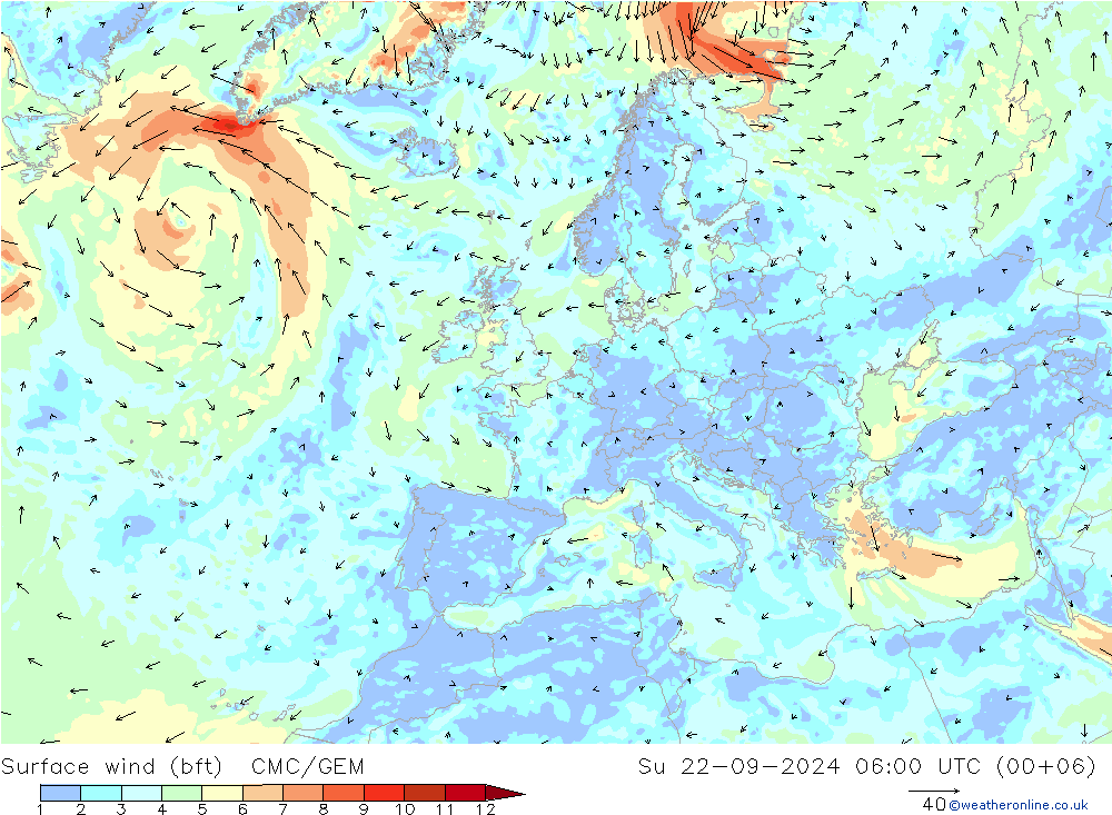 �N 10 米 (bft) CMC/GEM 星期日 22.09.2024 06 UTC