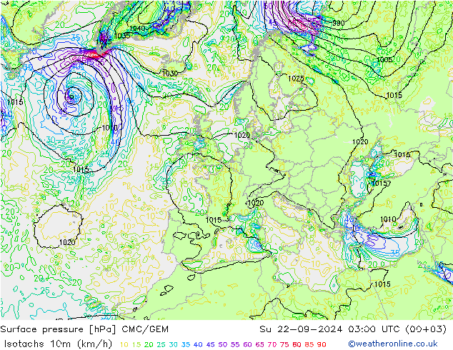 10米等风速线 (kph) CMC/GEM 星期日 22.09.2024 03 UTC