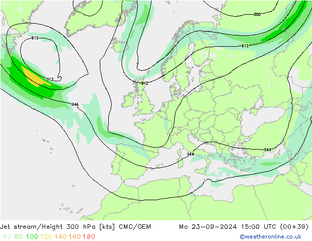 Jet stream/Height 300 hPa CMC/GEM Mo 23.09.2024 15 UTC