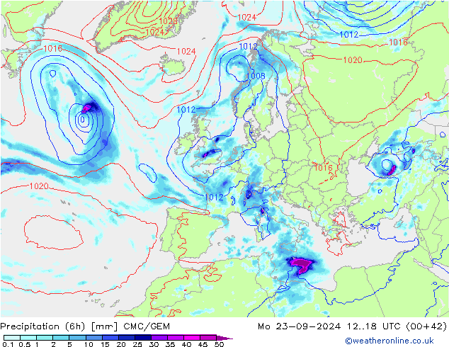 Totale neerslag (6h) CMC/GEM ma 23.09.2024 18 UTC