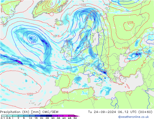 Totale neerslag (6h) CMC/GEM di 24.09.2024 12 UTC