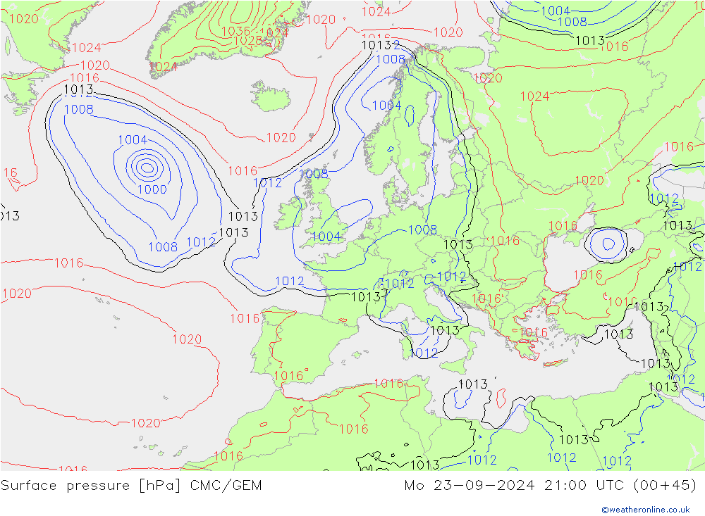 Surface pressure CMC/GEM Mo 23.09.2024 21 UTC