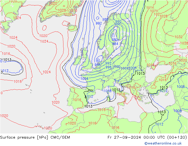 Atmosférický tlak CMC/GEM Pá 27.09.2024 00 UTC