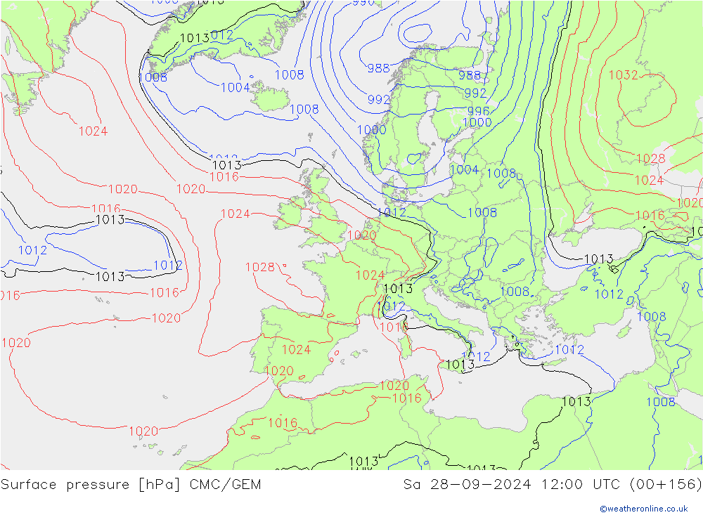 Surface pressure CMC/GEM Sa 28.09.2024 12 UTC