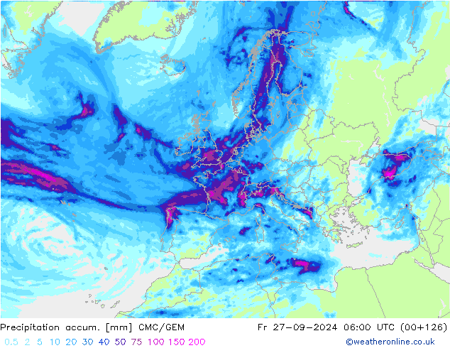 Precipitation accum. CMC/GEM Fr 27.09.2024 06 UTC