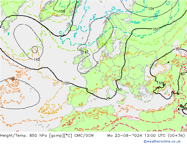 Height/Temp. 850 гПа CMC/GEM пн 23.09.2024 12 UTC