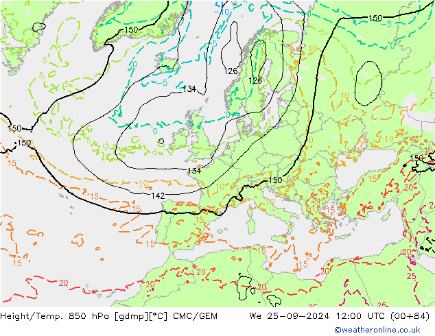 Height/Temp. 850 гПа CMC/GEM ср 25.09.2024 12 UTC