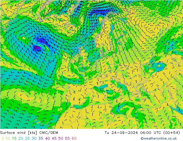 Vento 10 m CMC/GEM Ter 24.09.2024 06 UTC