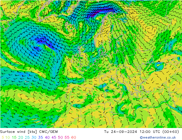 Wind 10 m CMC/GEM di 24.09.2024 12 UTC