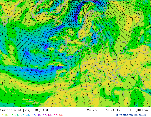 Surface wind CMC/GEM We 25.09.2024 12 UTC