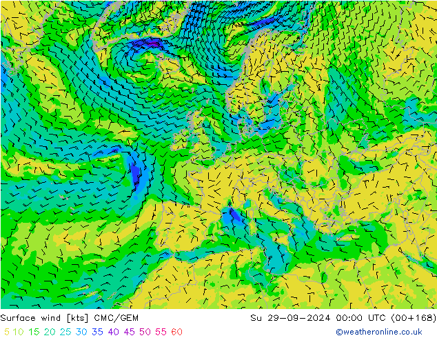 Wind 10 m CMC/GEM zo 29.09.2024 00 UTC