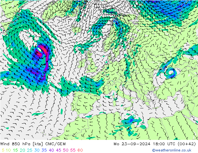 ветер 850 гПа CMC/GEM пн 23.09.2024 18 UTC