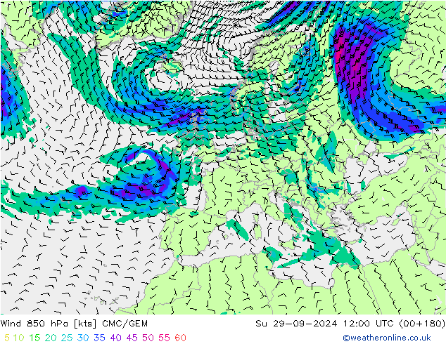 Rüzgar 850 hPa CMC/GEM Paz 29.09.2024 12 UTC