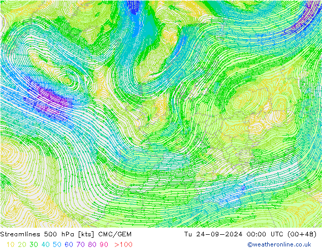 Streamlines 500 hPa CMC/GEM Út 24.09.2024 00 UTC