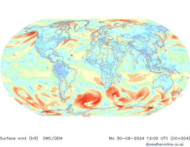 Vento 10 m (bft) CMC/GEM Seg 30.09.2024 12 UTC