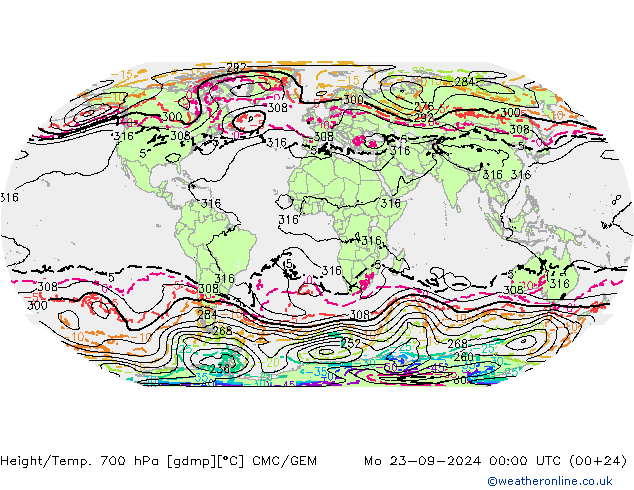 Height/Temp. 700 hPa CMC/GEM Mo 23.09.2024 00 UTC