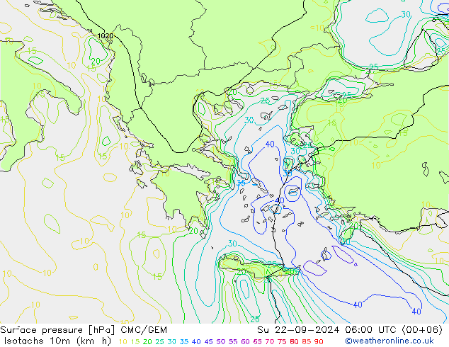 Isotachen (km/h) CMC/GEM zo 22.09.2024 06 UTC