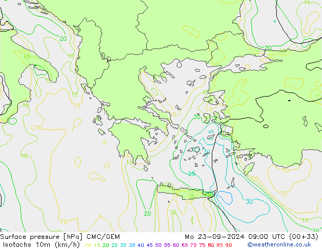 Isotachen (km/h) CMC/GEM Mo 23.09.2024 09 UTC