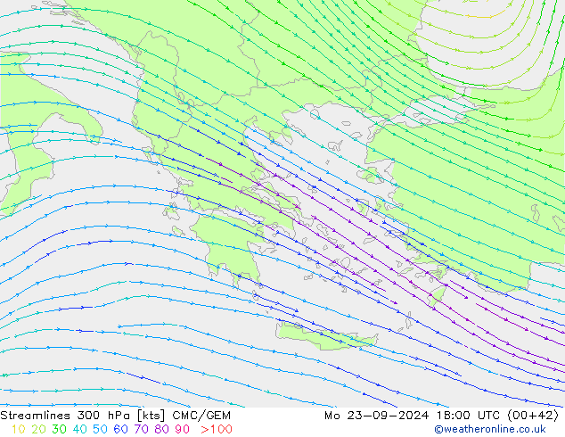 Rüzgar 300 hPa CMC/GEM Pzt 23.09.2024 18 UTC