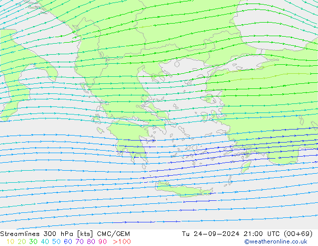 Linha de corrente 300 hPa CMC/GEM Ter 24.09.2024 21 UTC