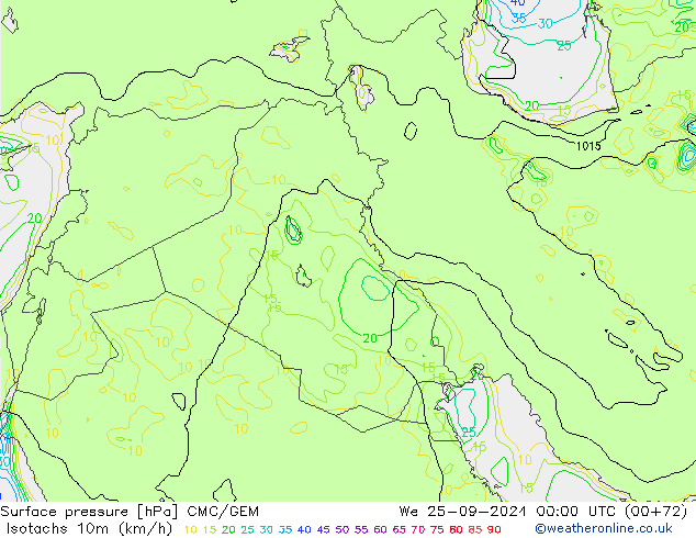 Isotachen (km/h) CMC/GEM wo 25.09.2024 00 UTC