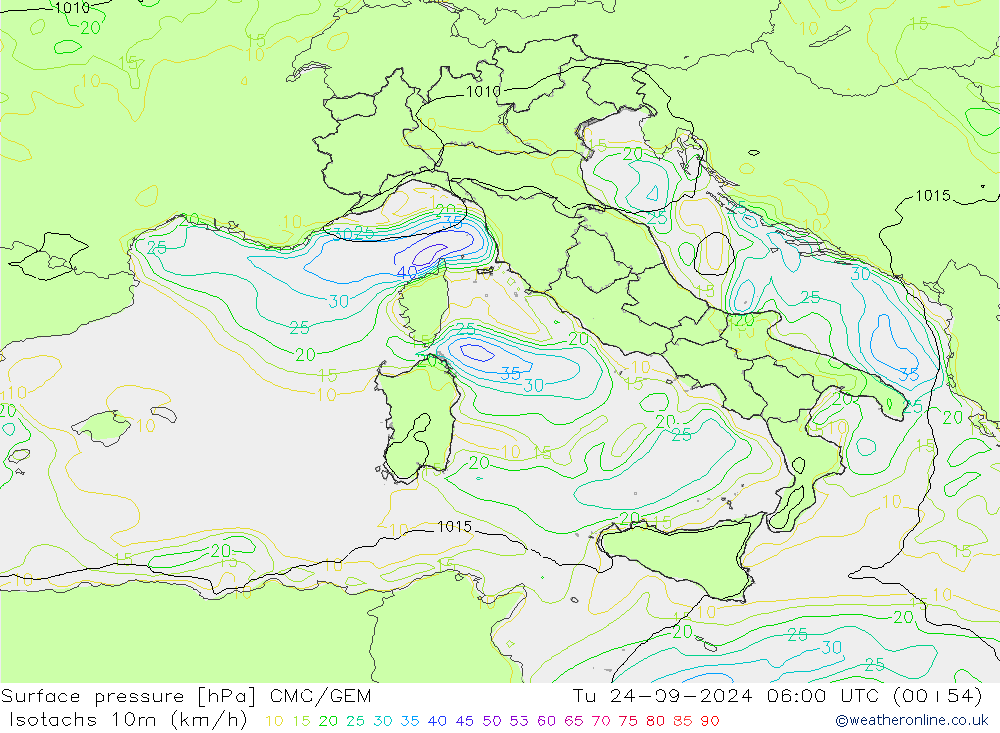 Isotachen (km/h) CMC/GEM Di 24.09.2024 06 UTC