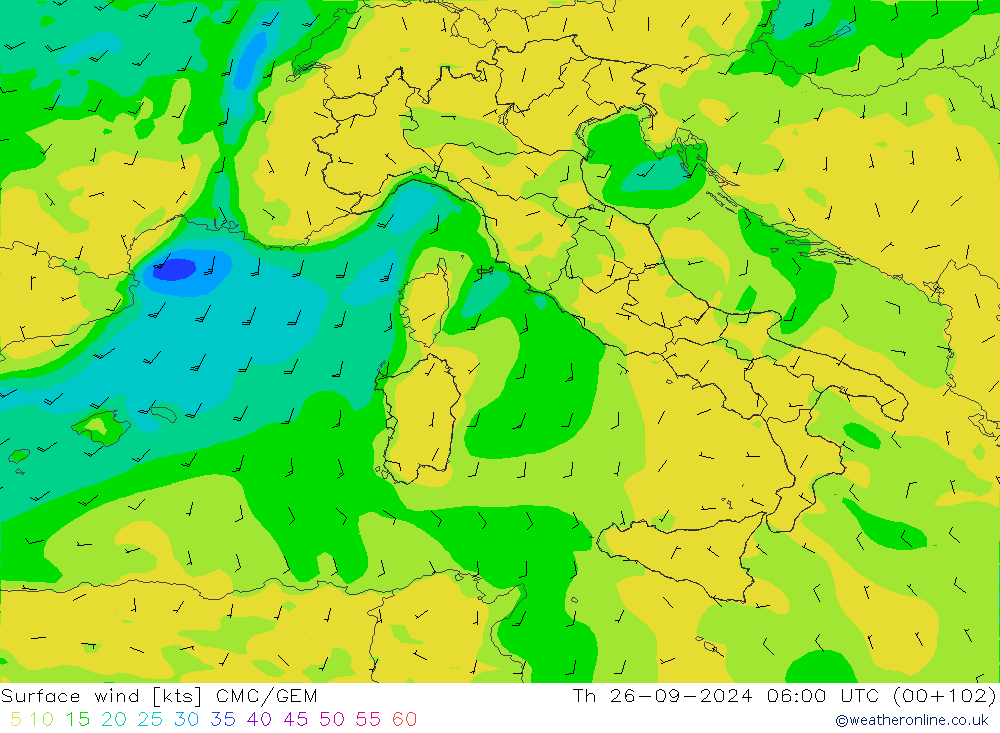 Vento 10 m CMC/GEM gio 26.09.2024 06 UTC