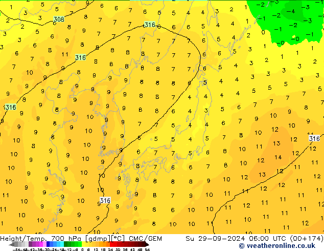 Hoogte/Temp. 700 hPa CMC/GEM zo 29.09.2024 06 UTC