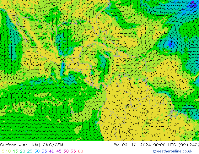 Vento 10 m CMC/GEM Qua 02.10.2024 00 UTC