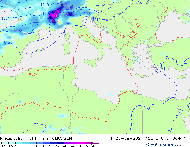 Precipitazione (6h) CMC/GEM gio 26.09.2024 18 UTC