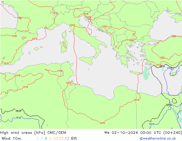 High wind areas CMC/GEM We 02.10.2024 00 UTC