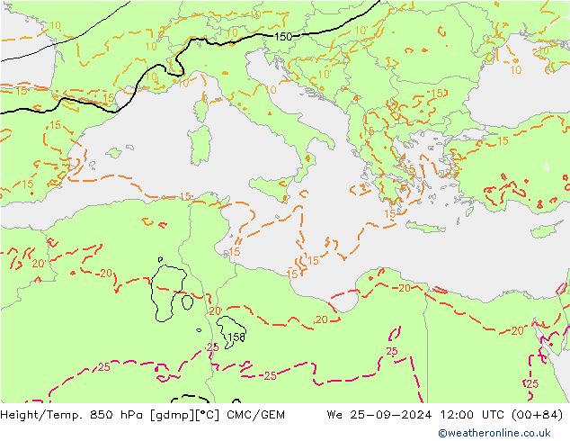 Height/Temp. 850 hPa CMC/GEM mer 25.09.2024 12 UTC