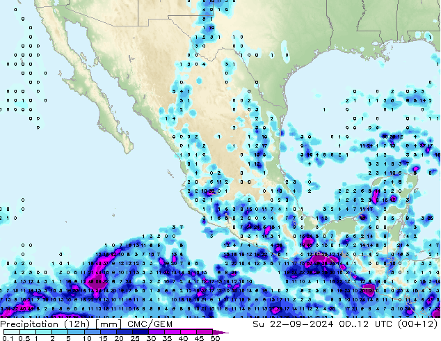 Precipitation (12h) CMC/GEM Su 22.09.2024 12 UTC