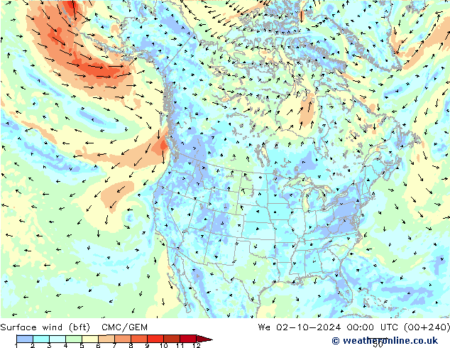 Surface wind (bft) CMC/GEM We 02.10.2024 00 UTC