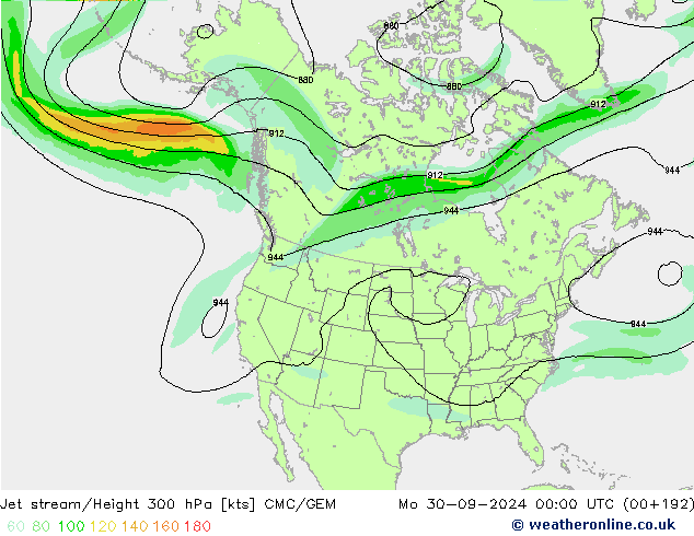 Jet stream/Height 300 hPa CMC/GEM Po 30.09.2024 00 UTC