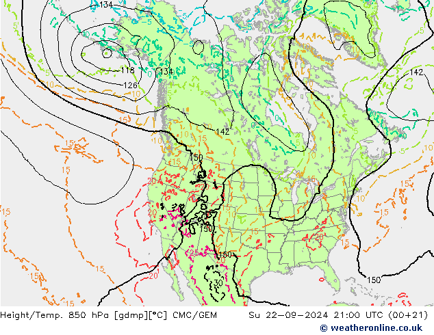 Height/Temp. 850 гПа CMC/GEM Вс 22.09.2024 21 UTC