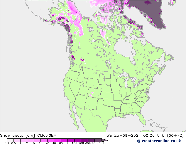 Snow accu. CMC/GEM We 25.09.2024 00 UTC