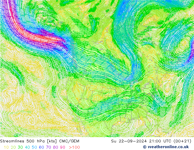 ветер 500 гПа CMC/GEM Вс 22.09.2024 21 UTC