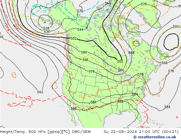 Height/Temp. 500 hPa CMC/GEM 星期日 22.09.2024 21 UTC