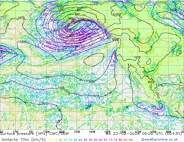 Isotachs (kph) CMC/GEM Po 23.09.2024 06 UTC