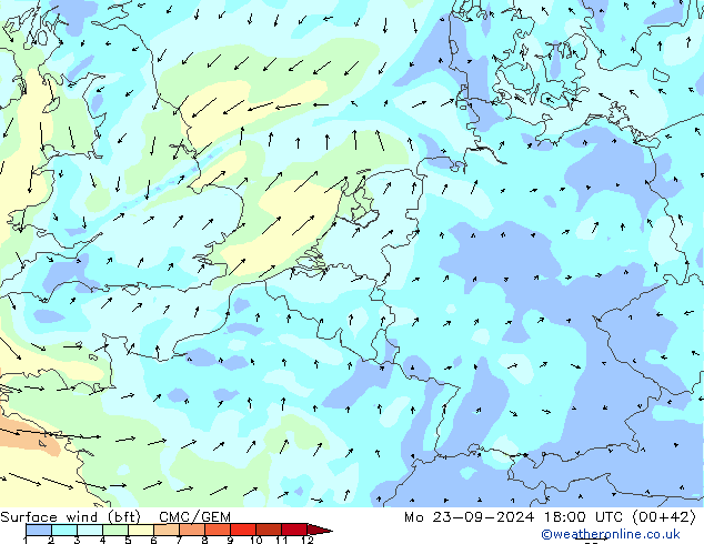 Bodenwind (bft) CMC/GEM Mo 23.09.2024 18 UTC